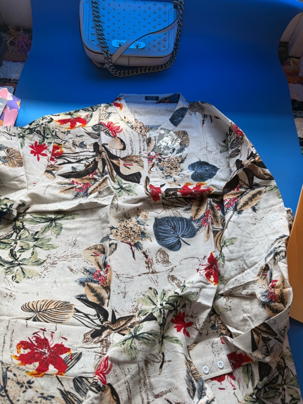 Coofandy Tropical Floral Button-Up Shirt in Cream with Red & Blue Accents